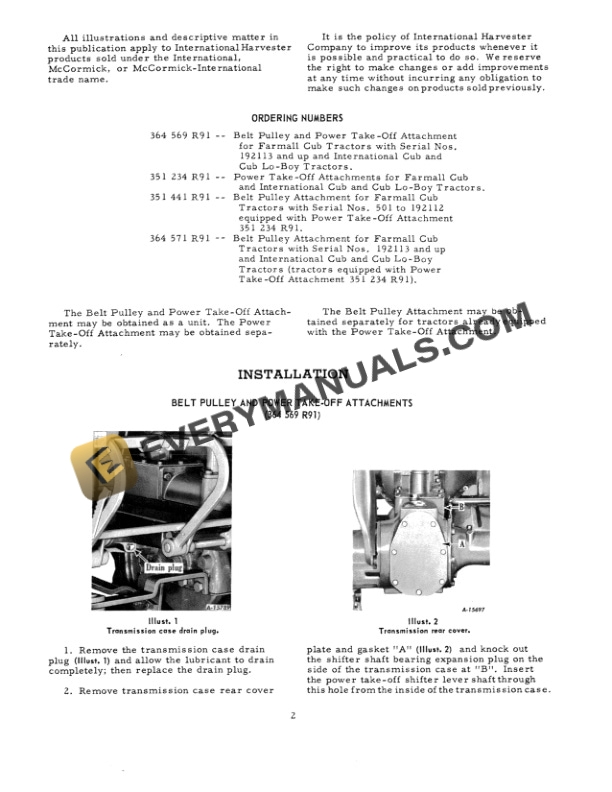 Case Belt Pulley and Power Take-Off Attachments for McCormick Farmall Cub and International Cub and Cub Lo Operator Manual 1014385R2-3