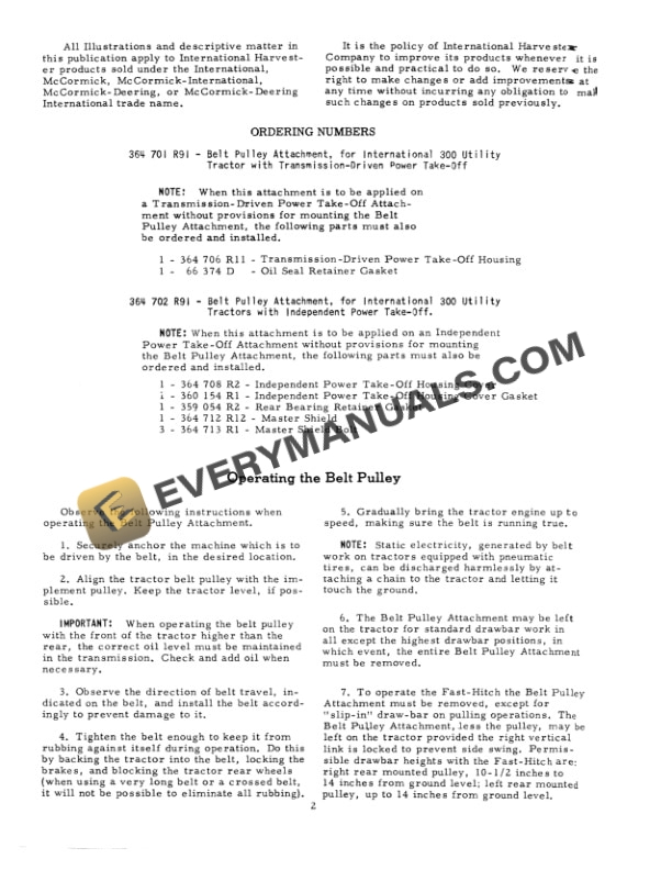 Case Belt Pulley Attachments for Intl 300 Utility Tractor Operator Manual 1004460R1-3