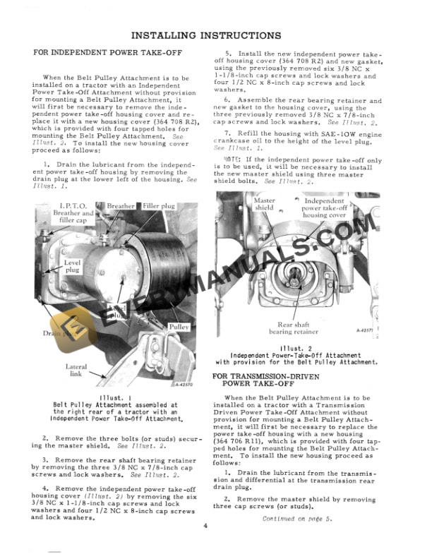 Case Belt Pulley Attachments for Intl 300 Utility Tractor Operator Manual 1004460R1-4