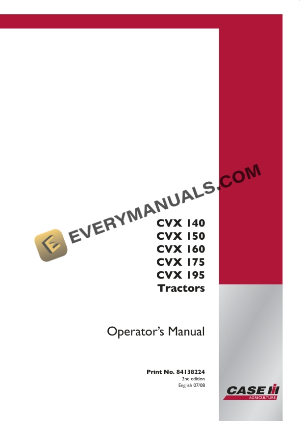 Case CVX 140, CVX 150, CVX 160, CVX 175, CVX 195 Tractor Operator Manual 84138224 PDF