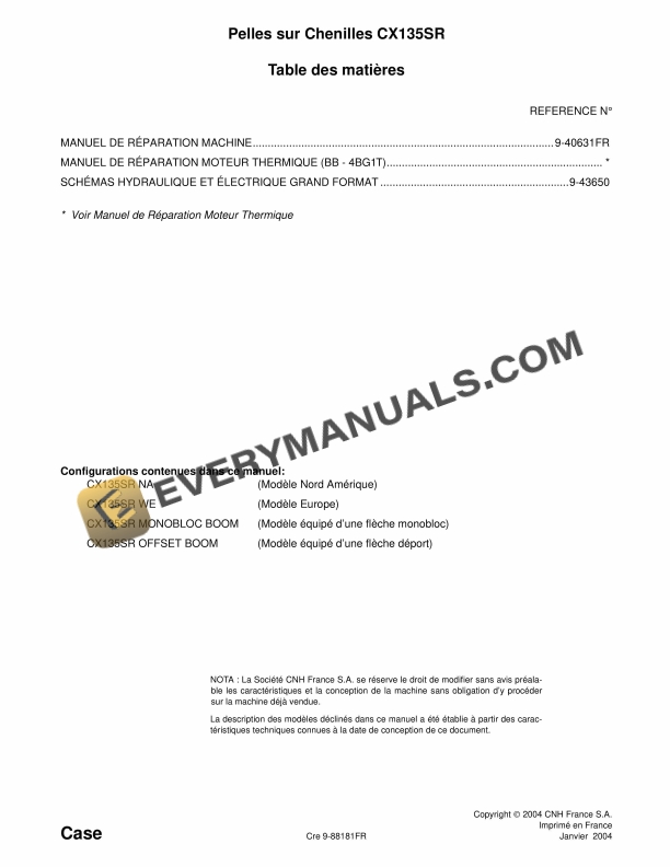 Case CX135SR Crawler Excavator Repair Manual 9-88181 FR PDF