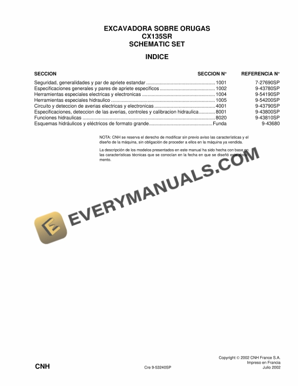 Case CX135SR Crawler Excavator Schematic Set 9-53240SP PDF