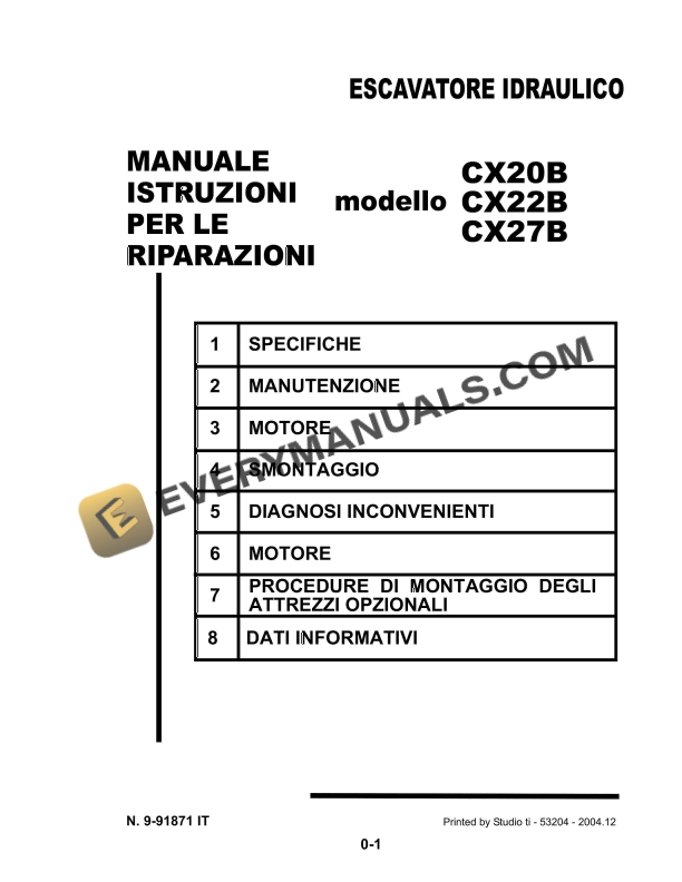Case CX20B, CX22B, CX27B Hydraulic Excavator Repair Manual 9-91871 IT PDF 1 case cx20b cx22b cx27b hydraulic excavator repair manual 9 91871 it 1