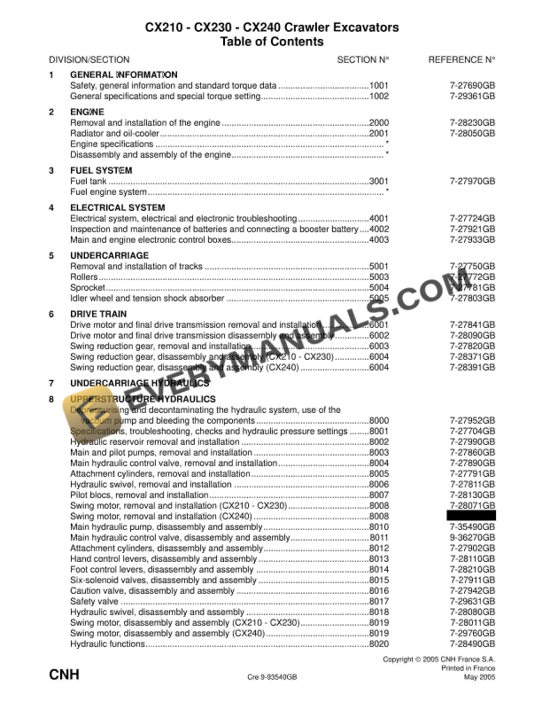 case cx210 cx230 cx240 crawler excavator service manual 9 93540gb 1