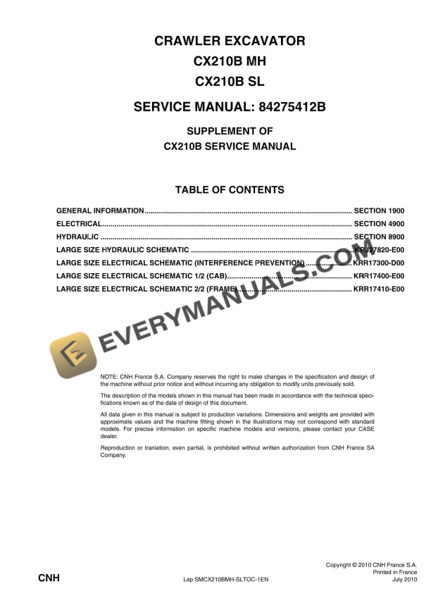 Case CX210B MH, CX210B SL Crawler Excavator Service Manual 84275412B PDF 1 case cx210b mh cx210b sl crawler excavator service manual 84275412b 1