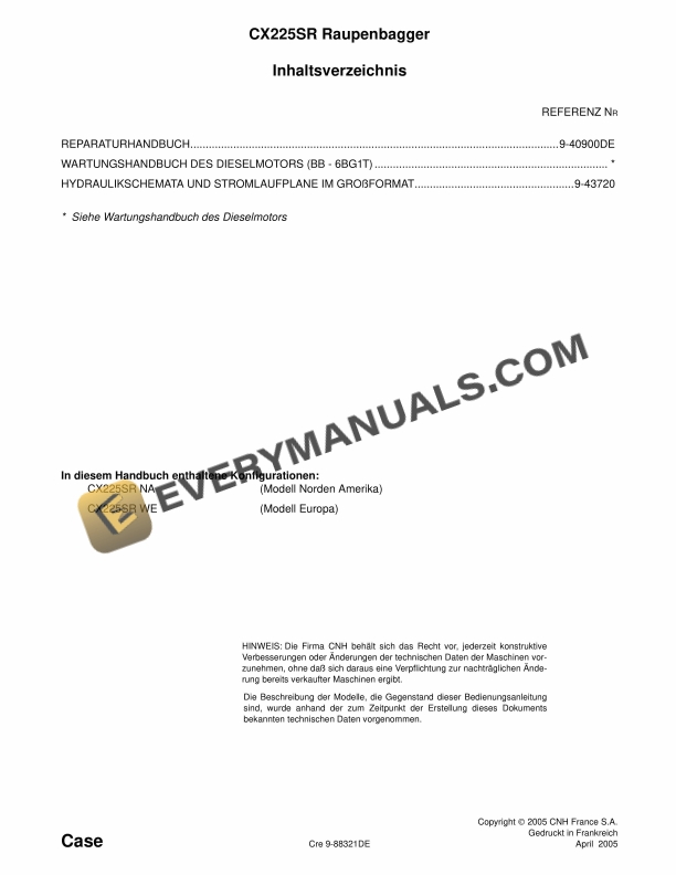 case cx225sr excavator service manual 9 88321de 1