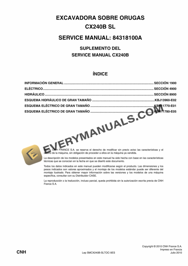 case cx240b sl crawler excavator service manual 84318100a es 1