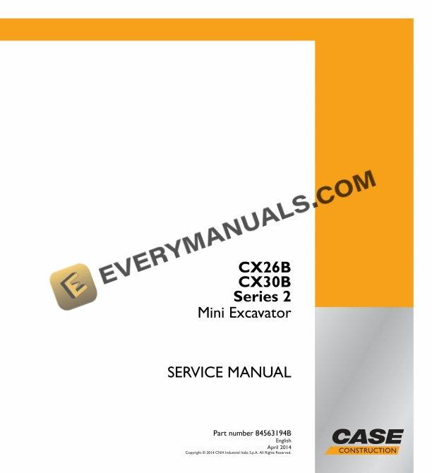 Case CX26B, CX30B Series 2 Mini Excavator Service Manual 84563194B PDF
