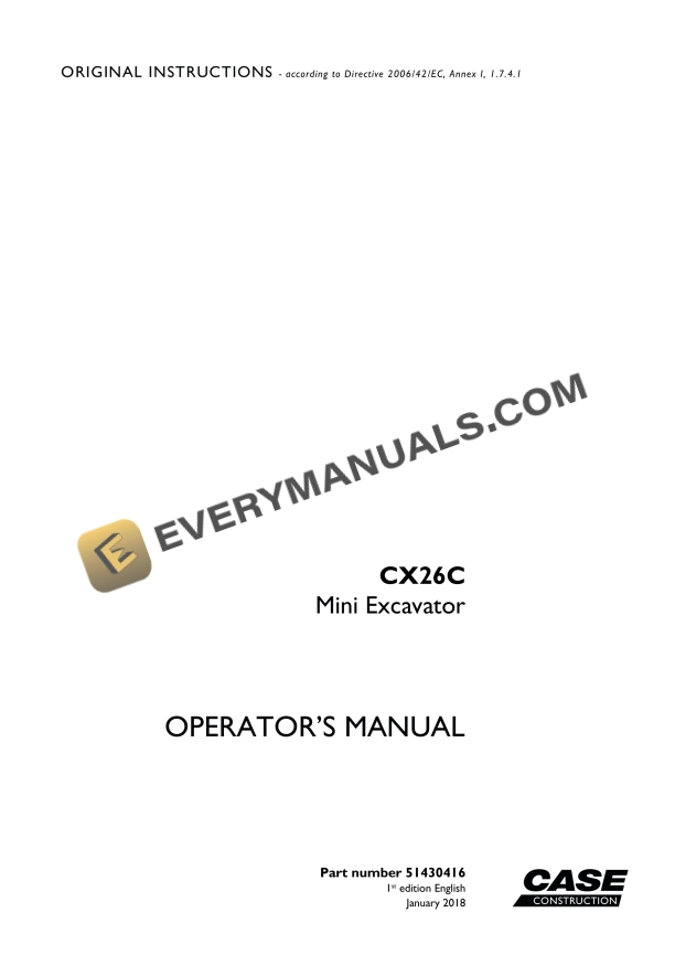 case cx26c mini excavator operator manual 51430416 1