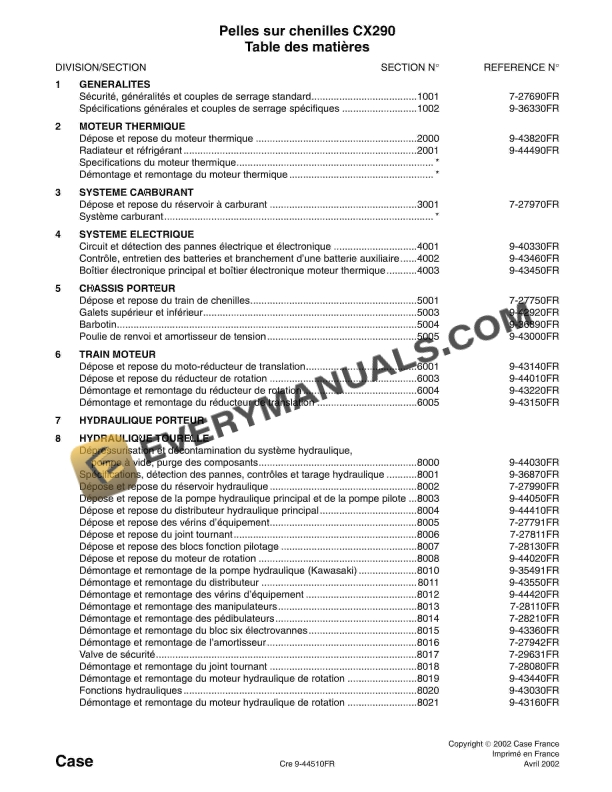 case cx290 crawler excavator service manual 9 44510 fr 1