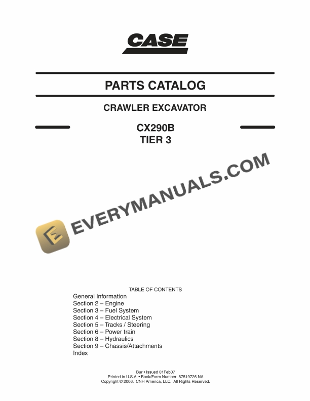 Case CX290B Tier 3 Crawler Excavator Parts Catalog 87519726 NA PDF