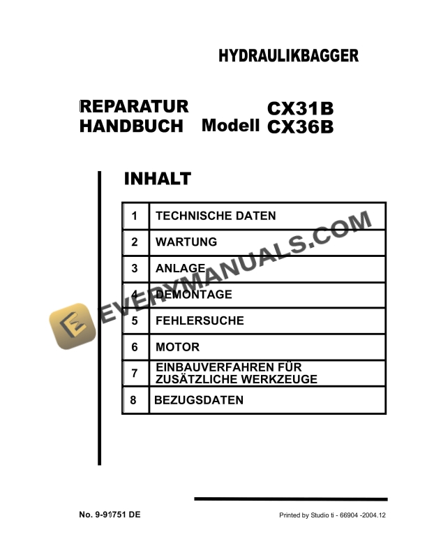 case cx31b cx36b hydraulic excavator repair manual 9 91751 de 1