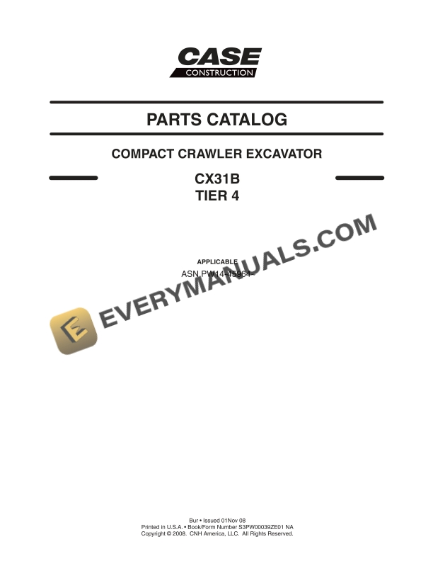 Case CX31B Tier 4 Compact Crawler Excavator Parts Catalog S3PW00039ZE01 NA PDF