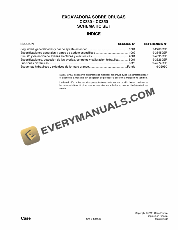 Case CX330, CX350 Crawler Excavator Schematic Set 9-43020SP PDF 3 Case CX330, CX350 Crawler Excavator Schematic Set 9-43020SP PDF