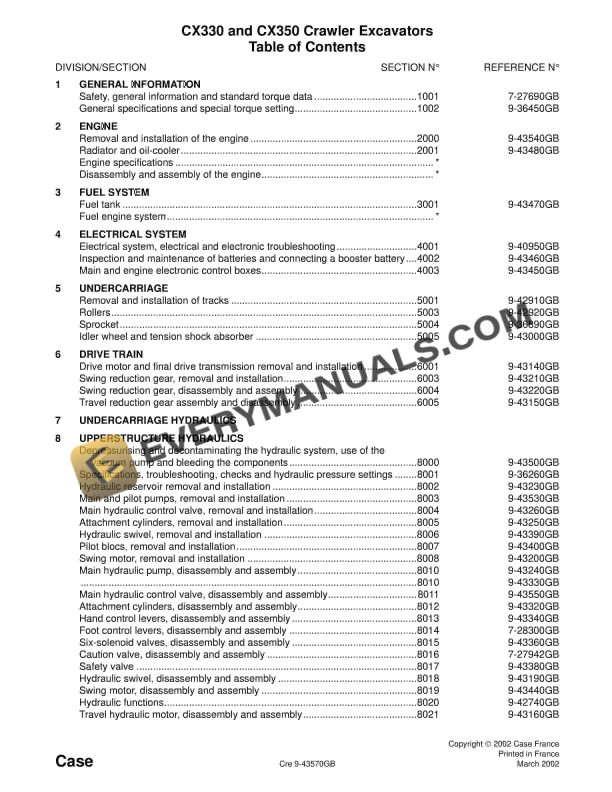 case cx330 cx350 crawler excavator service manual 9 42890 1
