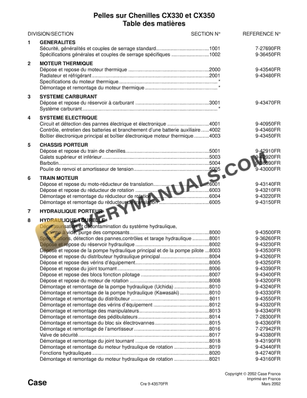 case cx330 cx350 crawler excavator service manual 9 43570 fr 1