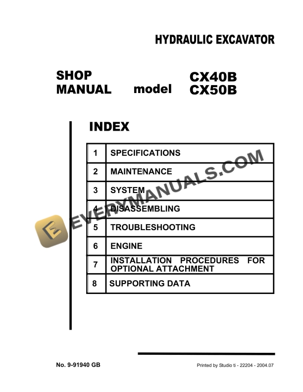 Case CX40B, CX50B Hydraulic Excavator Shop Manual 9-91940 GB PDF 1 case cx40b cx50b hydraulic excavator shop manual 9 91940 gb 1