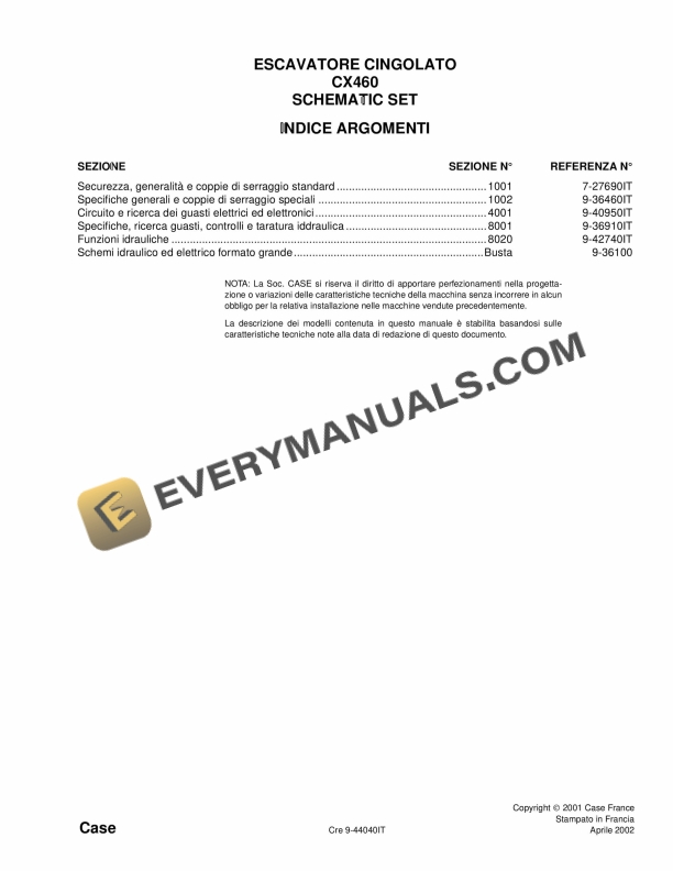 Case CX460 Crawler Excavator Schematic Set 9-44040IT PDF
