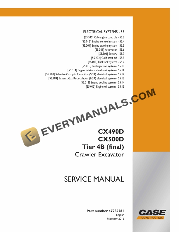 Case CX490D, CX500D Tier 4B (Final) Crawler Excavator Service Manual 47985281 PDF