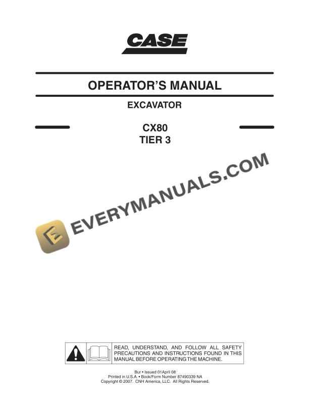Case CX80 Tier 3 Excavator Operator Manual 87490339 NA PDF 1 case cx80 tier 3 excavator operator manual 87490339 na 1
