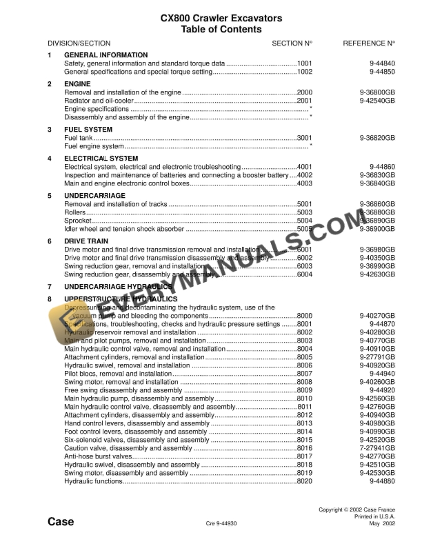 case cx800 crawler excavator service manual 9 40621 1