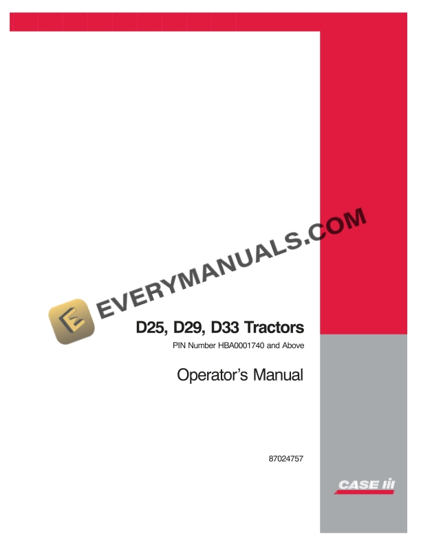 Case D25, D29, D33 Tractor Operator Manual 87024757 PDF