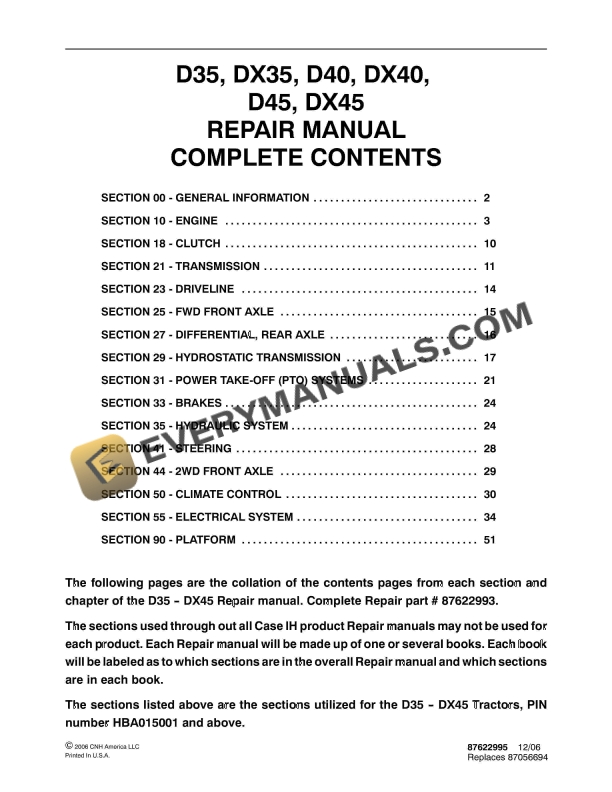 Case D35, DX35, D40, DX40, D45, DX45 Tractor Repair Manual 87622995 PDF