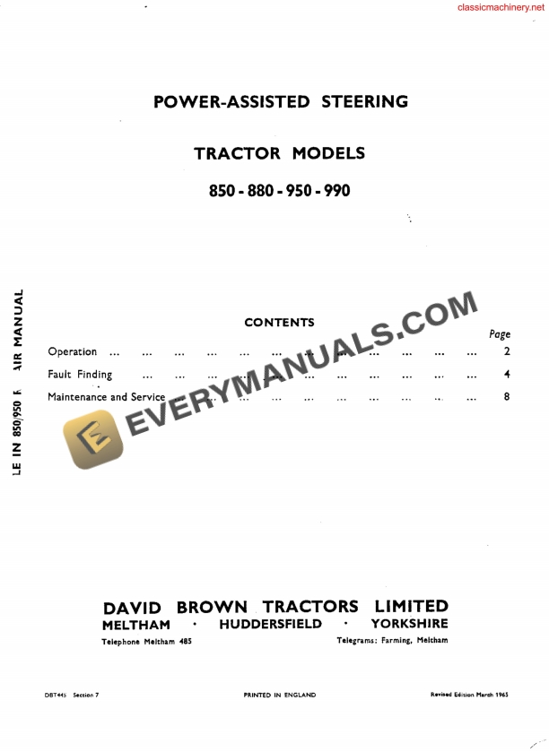 case david brown power assisted steering tractor model 850 880 950 990 repair manual dbt445 1