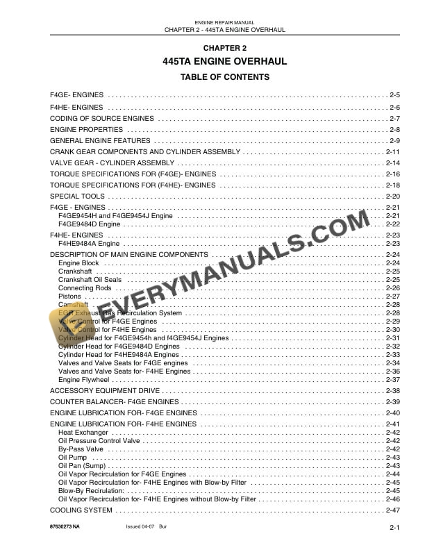 Case F4GE9454H, F4GE9454J, F4GE9484D, F4HE9484A Engine Repair Manual 87630273NA-2