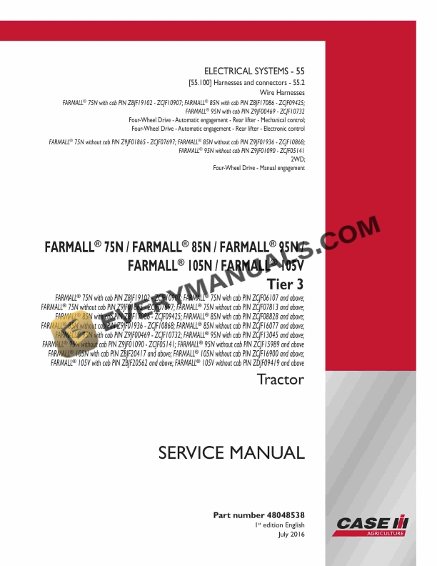 Case Farmall 75N, 85N, 95N, 105N, 105V Tier 3 Tractor Service Manual 48048538 PDF