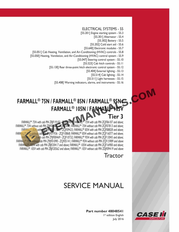 case farmall 75n 85n 95n 105n 105v tier 3 tractor service manual 48048541 1