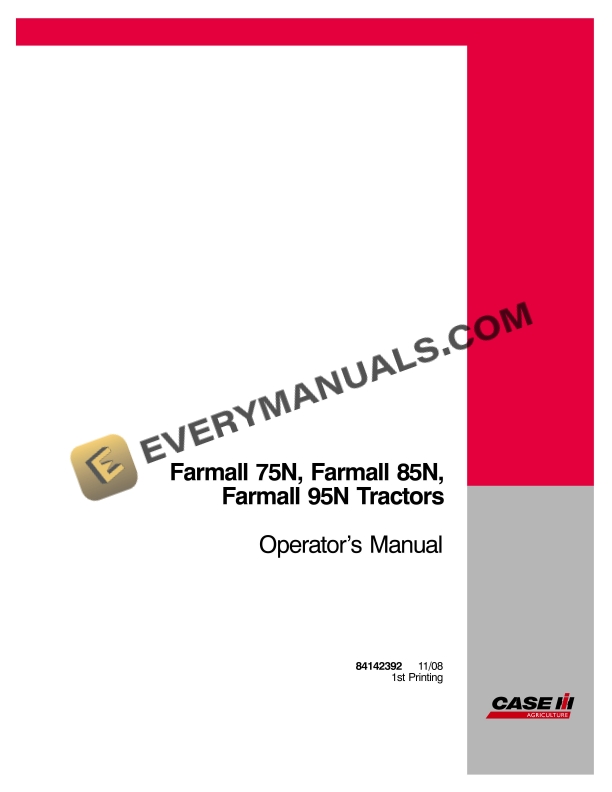Case Farmall 75N, Farmall 85N, Farmall 95N Tractor Operator Manual 84142392 PDF