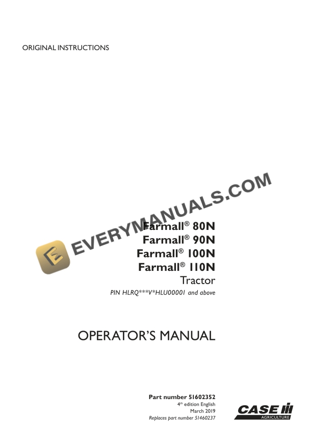 case farmall 80n 90n 100n 110n tractor operator manual 51602352 1