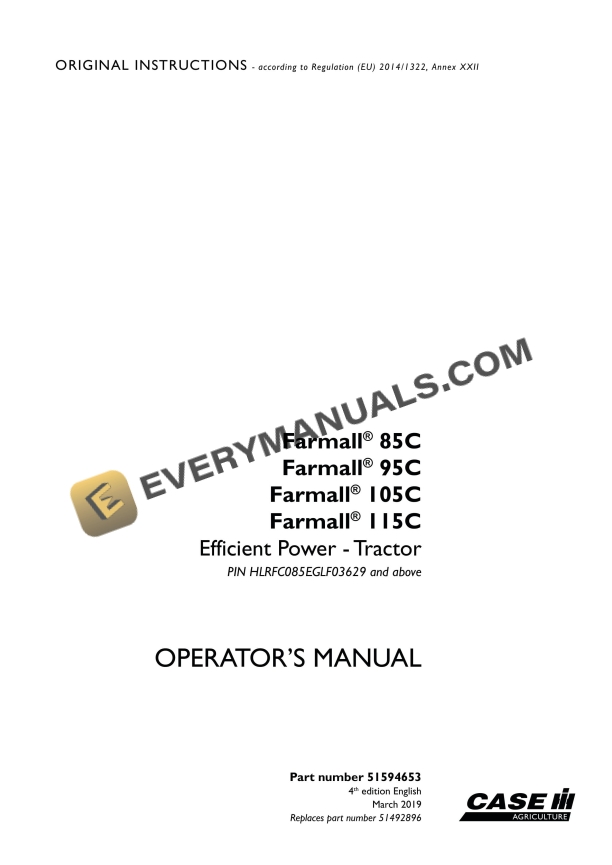 case farmall 85c 95c 105c 115c efficient power tractor operator manual 51594653 1