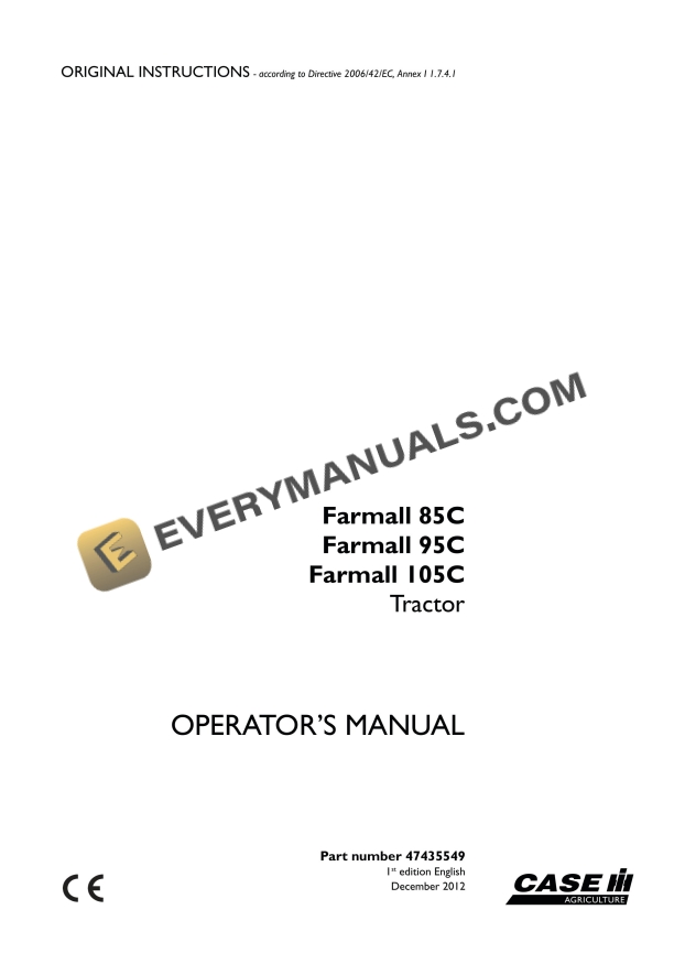 Case Farmall 85C, 95C, 105C Tractor Operator Manual 47435549 PDF