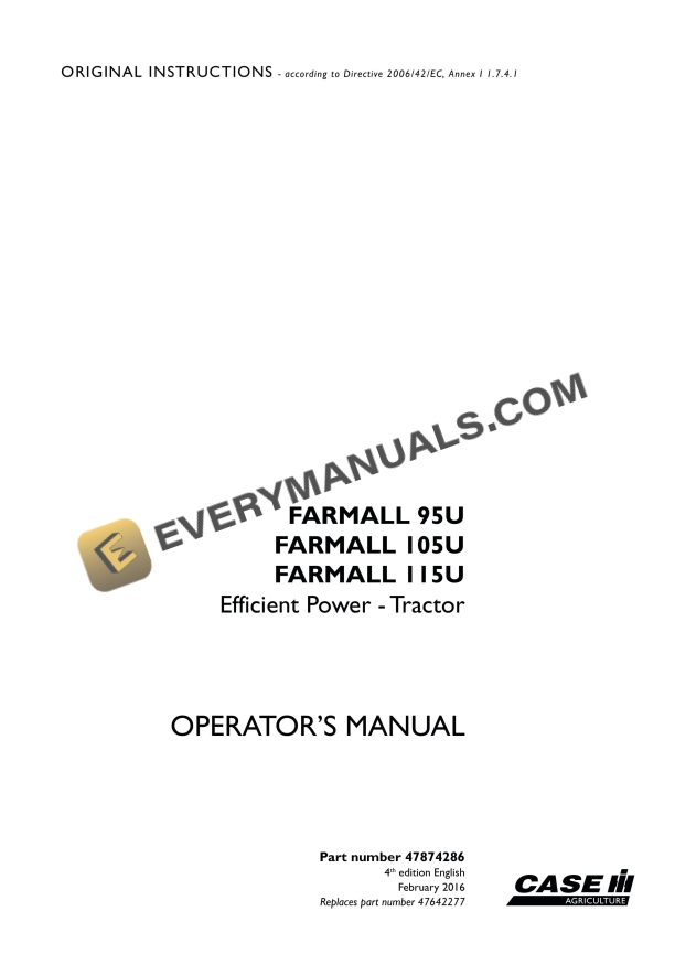 case farmall 95u 105u 115u efficient power tractor operator manual 47874286 1
