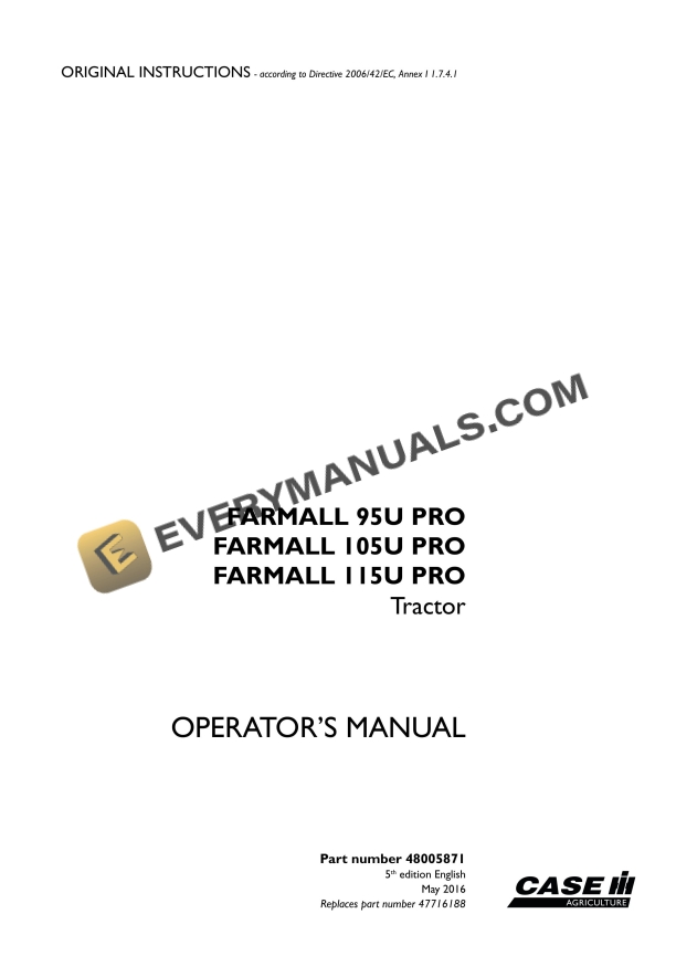 Case Farmall 95U PRO, 105U PRO, 115U PRO Tractor Operator Manual 48005871 PDF 2 case farmall 95u pro 105u pro 115u pro tractor operator manual 48005871 1