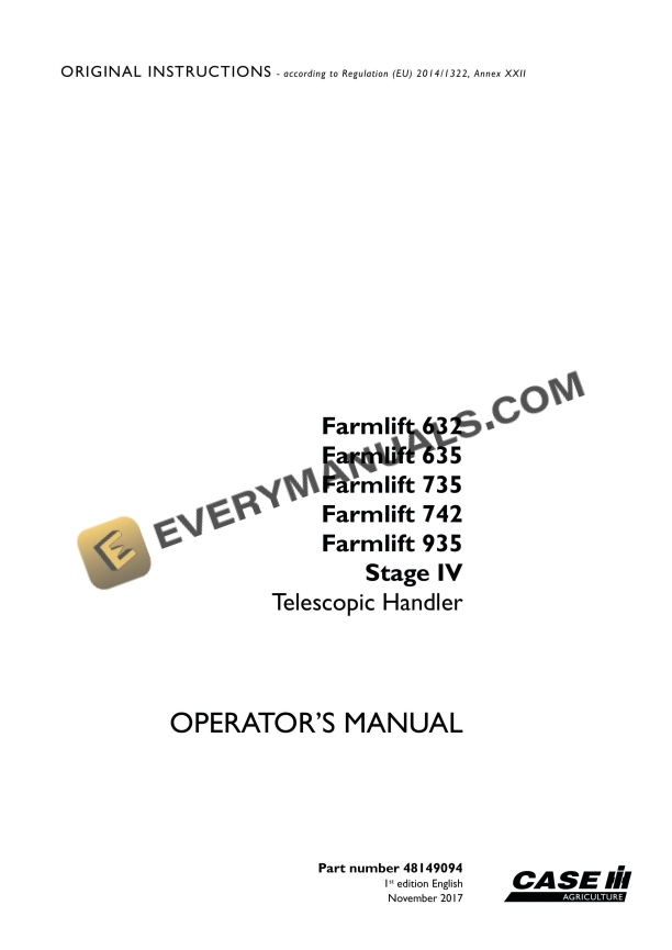 Case Farmlift 632, 635, 735, 742, 935 Stage IV Telescopic Handler Operator Manual 48149094 PDF