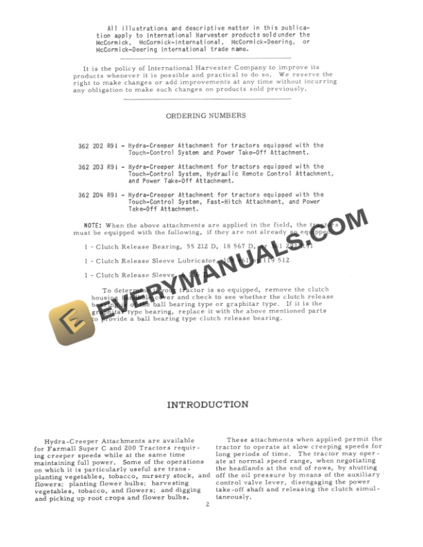 Case Hydra-Creeper Attachment (362 202 R91, 362 203 R91, 362 204 R91) for McCormick Farmall Super C and 200 Tractors Installing Instruction Operator Manual 1004362R1-2