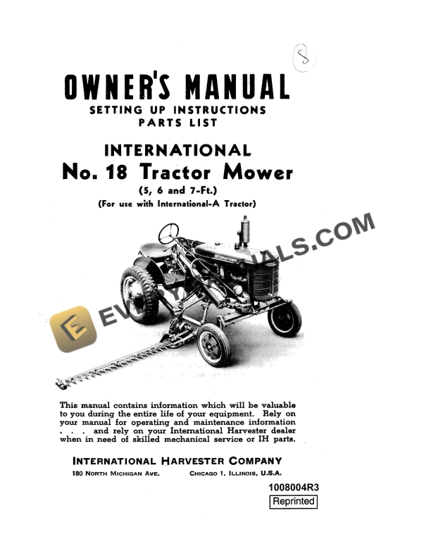 case international no 18 tractor mower owner manual 1008004r3 1