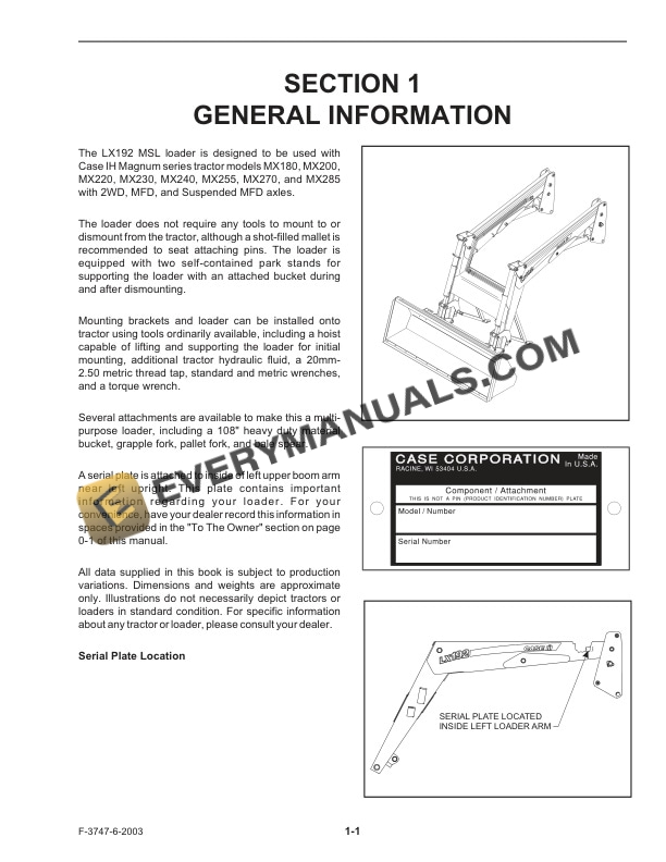 Case LX192 MSL Loader for MX Magnum Tractor Operator Manual 87026370-2