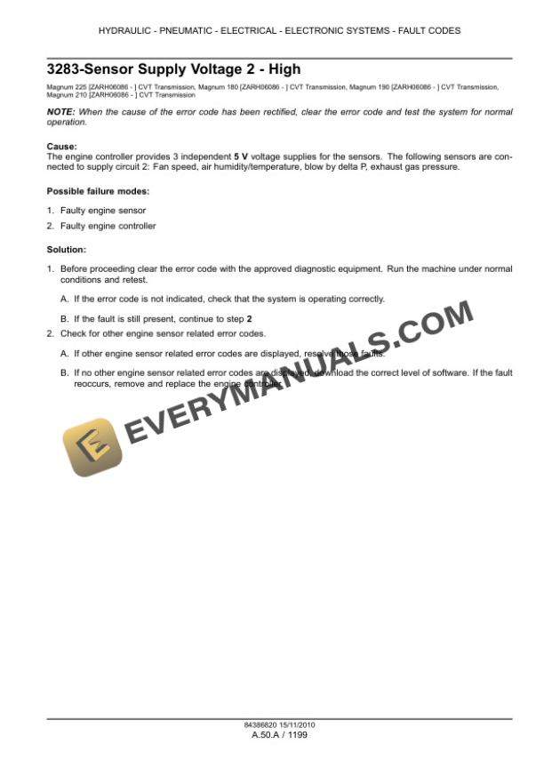 Case Magnum 180, 190, 210, 225 Tractor with CVT Transmission Service Manual 84399397-5