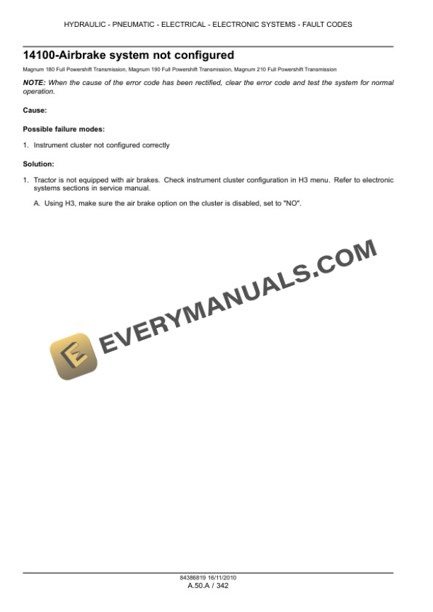 Case Magnum 180, 190, 210 Tractor with Full Powershift Transmission Service Manual 84399415-5