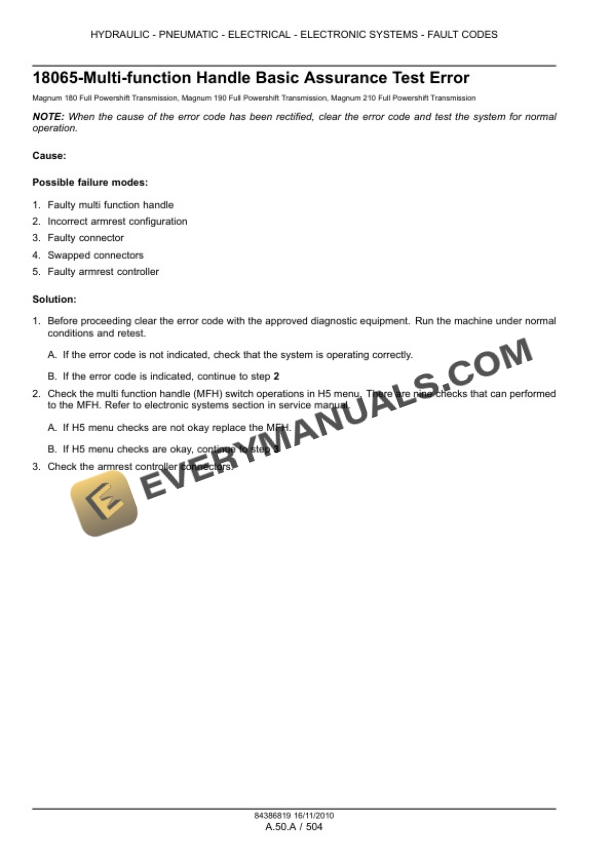 Case Magnum 180, 190, 210 Tractor with Full Powershift Transmission Service Manual 84399416-2