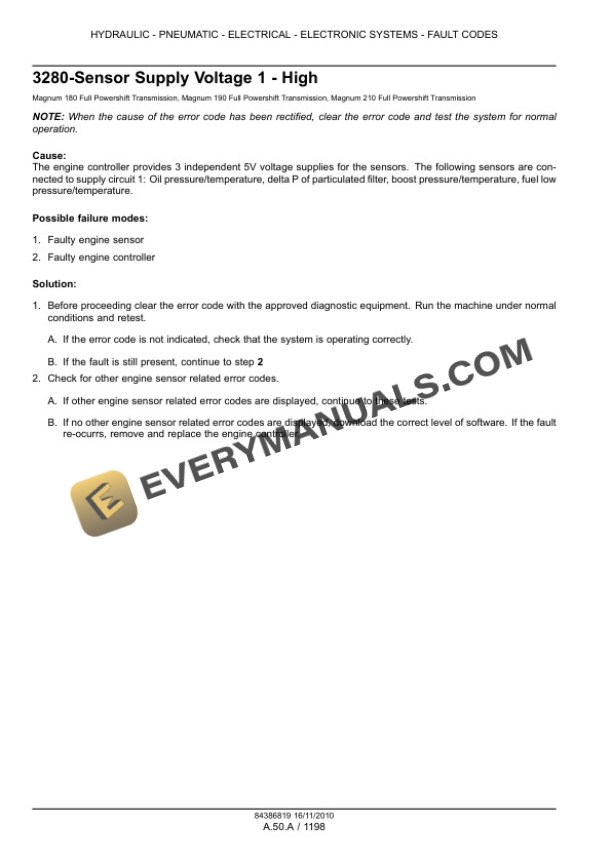 Case Magnum 180, 190, 210 Tractor with Full Powershift Transmission Service Manual 84399417-5