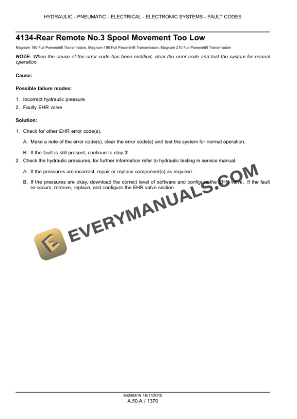 Case Magnum 180, 190, 210 Tractor with Full Powershift Transmission Service Manual 84399418-2