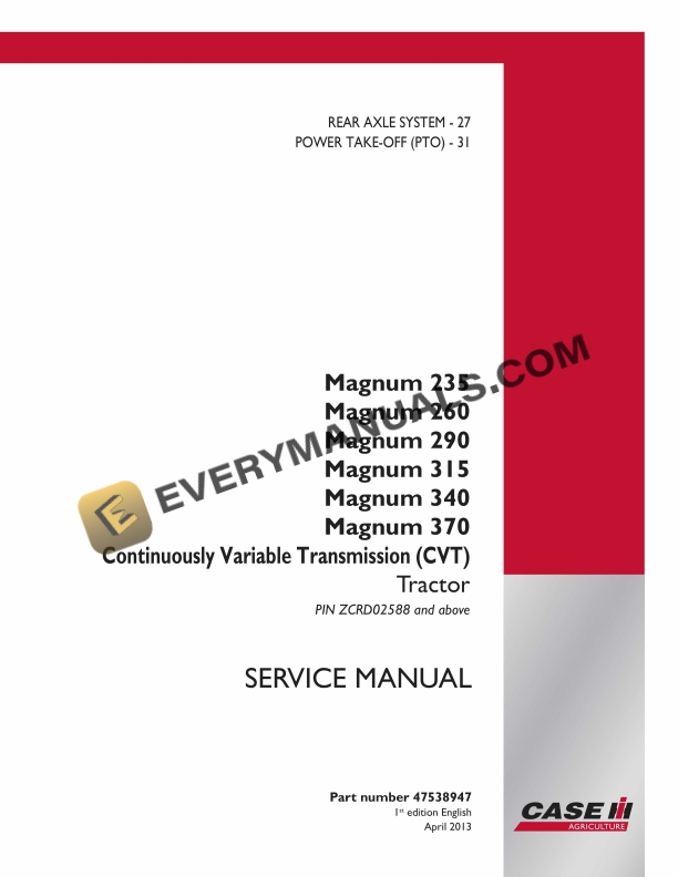 case magnum 235 260 290 315 340 370 continuously variable transmission cvt tractor service manual 47538947 1
