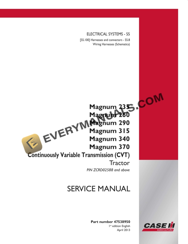 case magnum 235 260 290 315 340 370 continuously variable transmission cvt tractor service manual 47538950 1