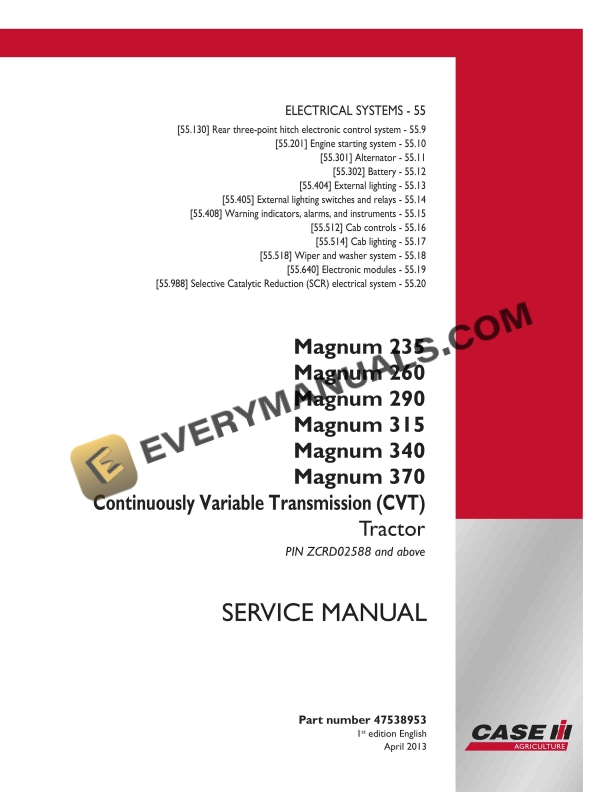 Case Magnum 235, 260, 290, 315, 340, 370 Continuously Variable Transmission (CVT) Tractor Service Manual 47538953 PDF