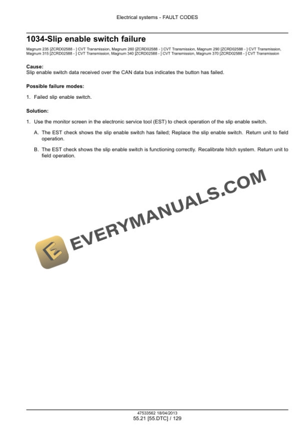 Case Magnum 235, 260, 290, 315, 340, 370 Continuously Variable Transmission (CVT) Tractor Service Manual 47538954-3